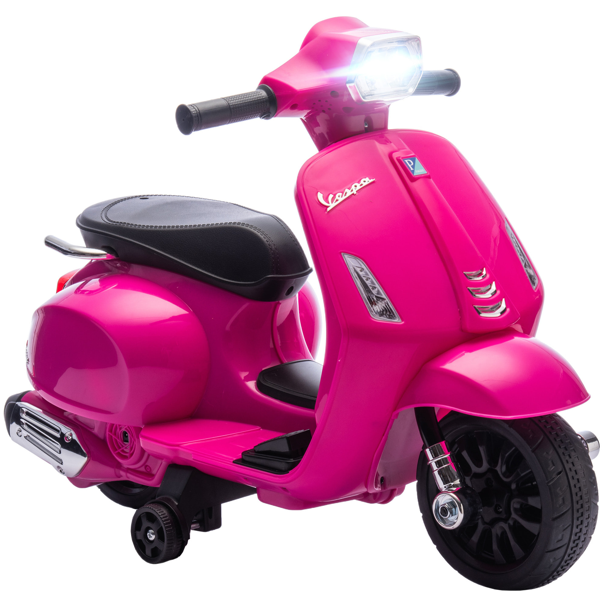 Moto Eléctrica para Niños 6V con Licencia Vespa, Moto Eléctrica Infantil con Ruedas Auxiliares de 6,9'', Velocidad de 2,5km/h, Faro y Bocina, para Niños de 2-6 Años, Rosa