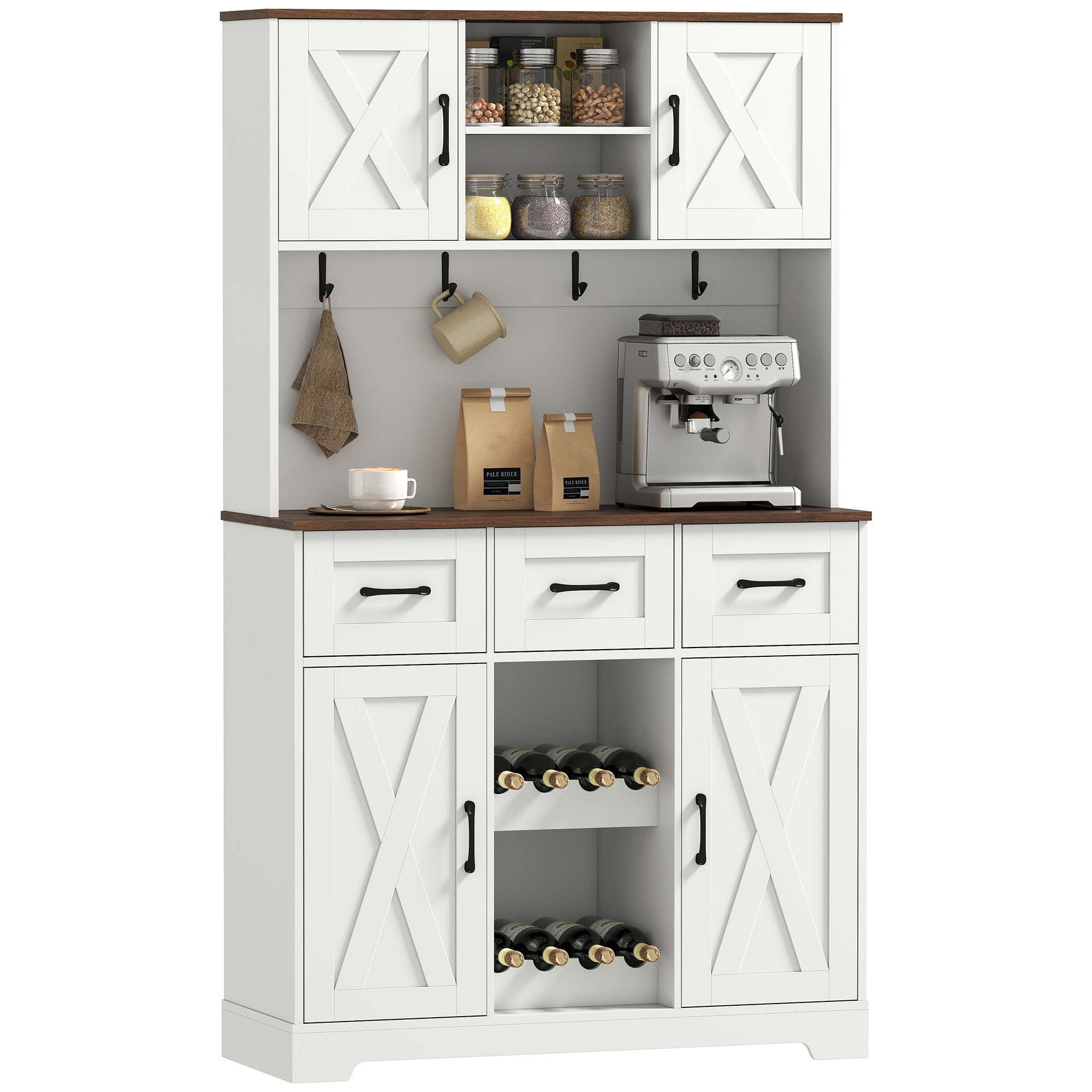 Alacena de Cocina Alta, Mueble Auxiliar de Cocina, Botellero para 8 Botellas, 4 Puertas, 3 Cajones, Estantes Abiertos, Encimera Amplio, 4 Ganchos, Orificio para Cables, Blanco, 100x38x172 cm