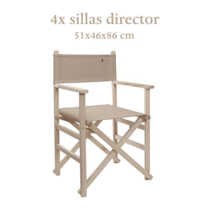 Set de 4 sillones director plegables estructura sin barniz y lona color piedra