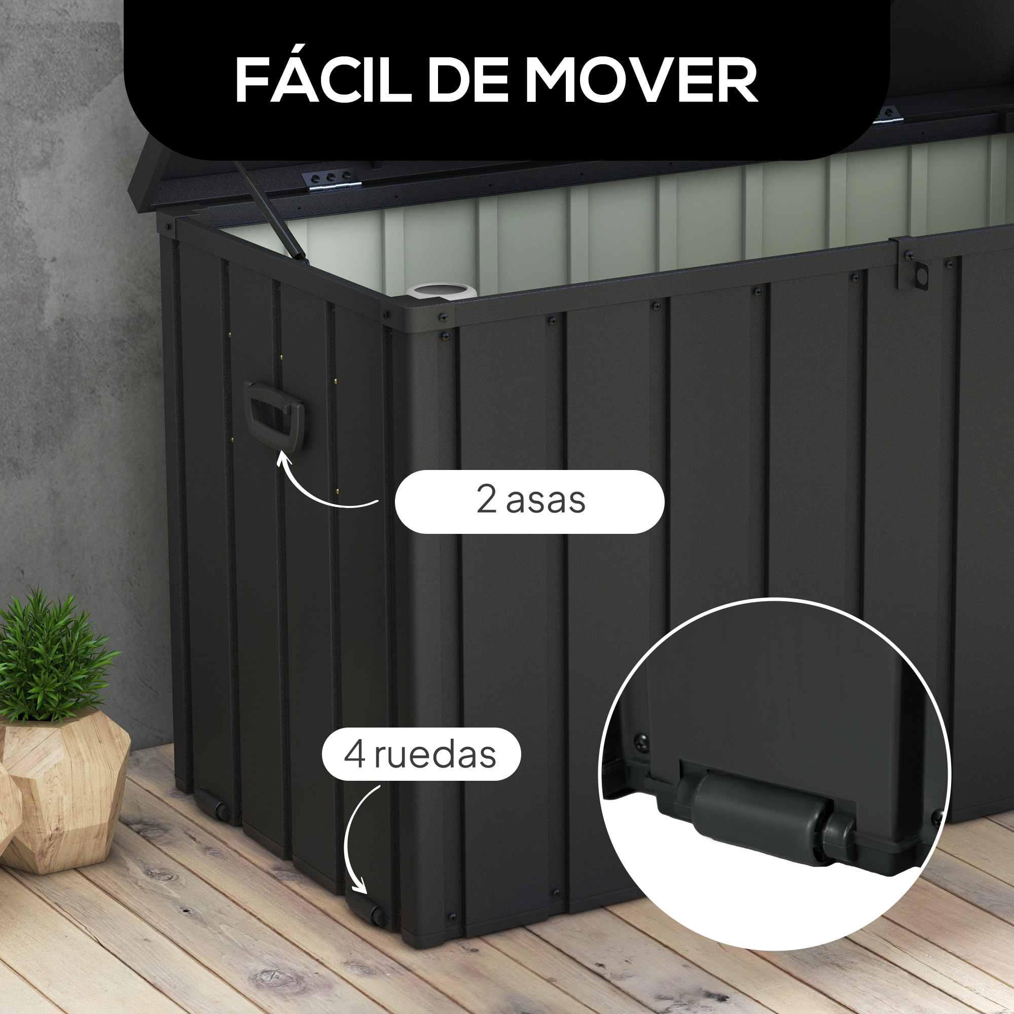 Arcón Exterior Capacidad 450L, Baúl Almacenaje Exterior de Acero con 4 Ruedas, 2 Asas y Tapa Bloqueable, Resistente a la Intemperie, para Jardín, Terraza, Patio, 125,5x61,5x70 cm, Gris Oscuro