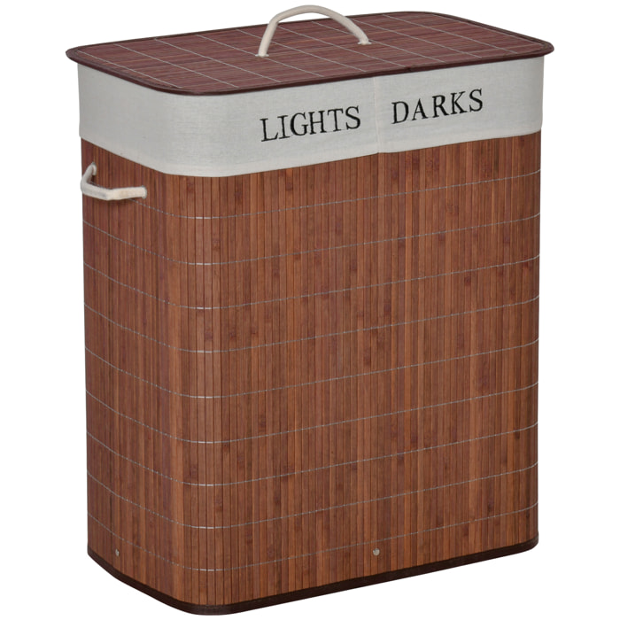 Panier à linge corbeille à linge 2 bacs bambou pliable couvercle poignée sac amovible en toile brun