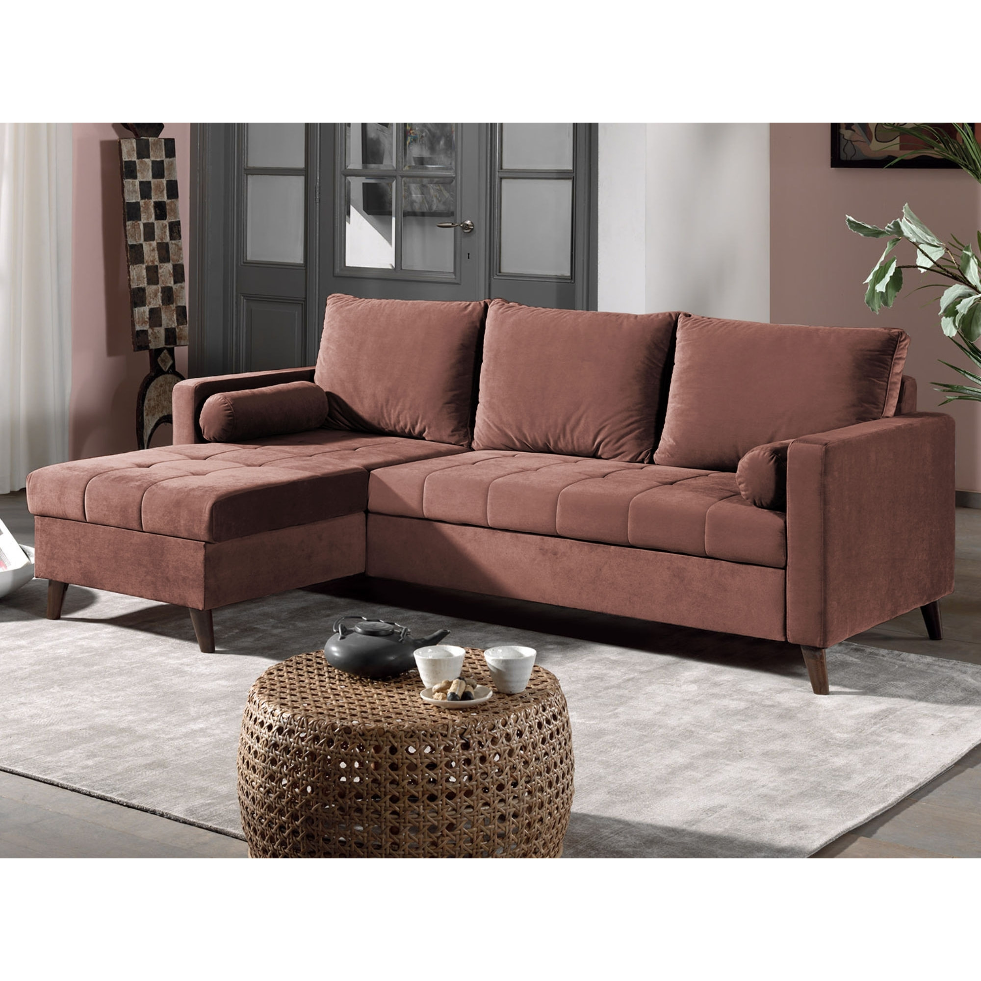 POLAR - Canapé d'angle réversible convertible - en velours au design scandinave - 4 places - Rose