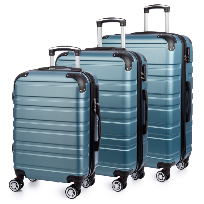 Set di 3 valigie Trolley espandibili, in materiale leggero ABS ad alta resistenza. Serratura numerica, 4 ruote doppie girevoli a 360°.