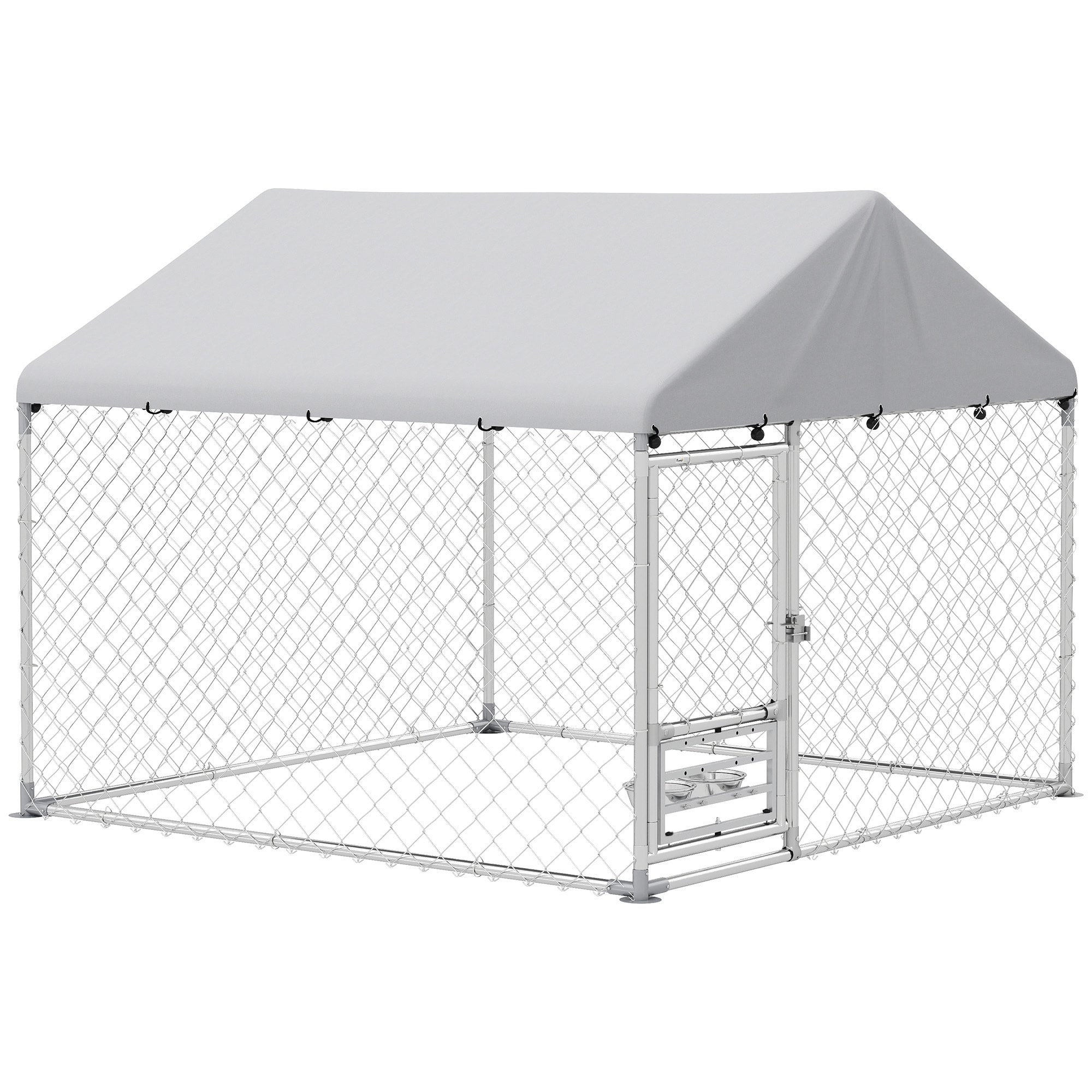 Perrera de Exterior con Techo 2x2x1,55 m Jaula para Perros de Acero Galvanizado con Techo Impermeable Soporte para Comida Giratorio y Ajustable 2 Cuencos para Perros Medianos y Pequeños