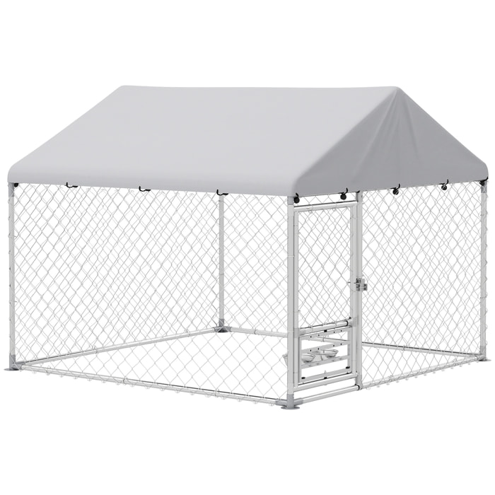 Perrera de Exterior con Techo 2x2x1,55 m Jaula para Perros de Acero Galvanizado con Techo Impermeable Soporte para Comida Giratorio y Ajustable 2 Cuencos para Perros Medianos y Pequeños