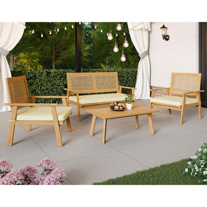 Siboney - salon bas de jardin 4 places - bois, cannage et coussins beiges - Bois / Beige