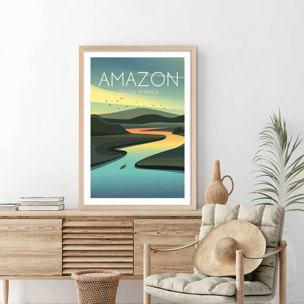 Affiche voyage Fleuve d'Amazonie Affiche + cadre en bois - Chêne