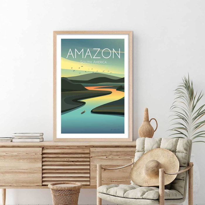 Affiche voyage Fleuve d'Amazonie Affiche + cadre en bois - Chêne