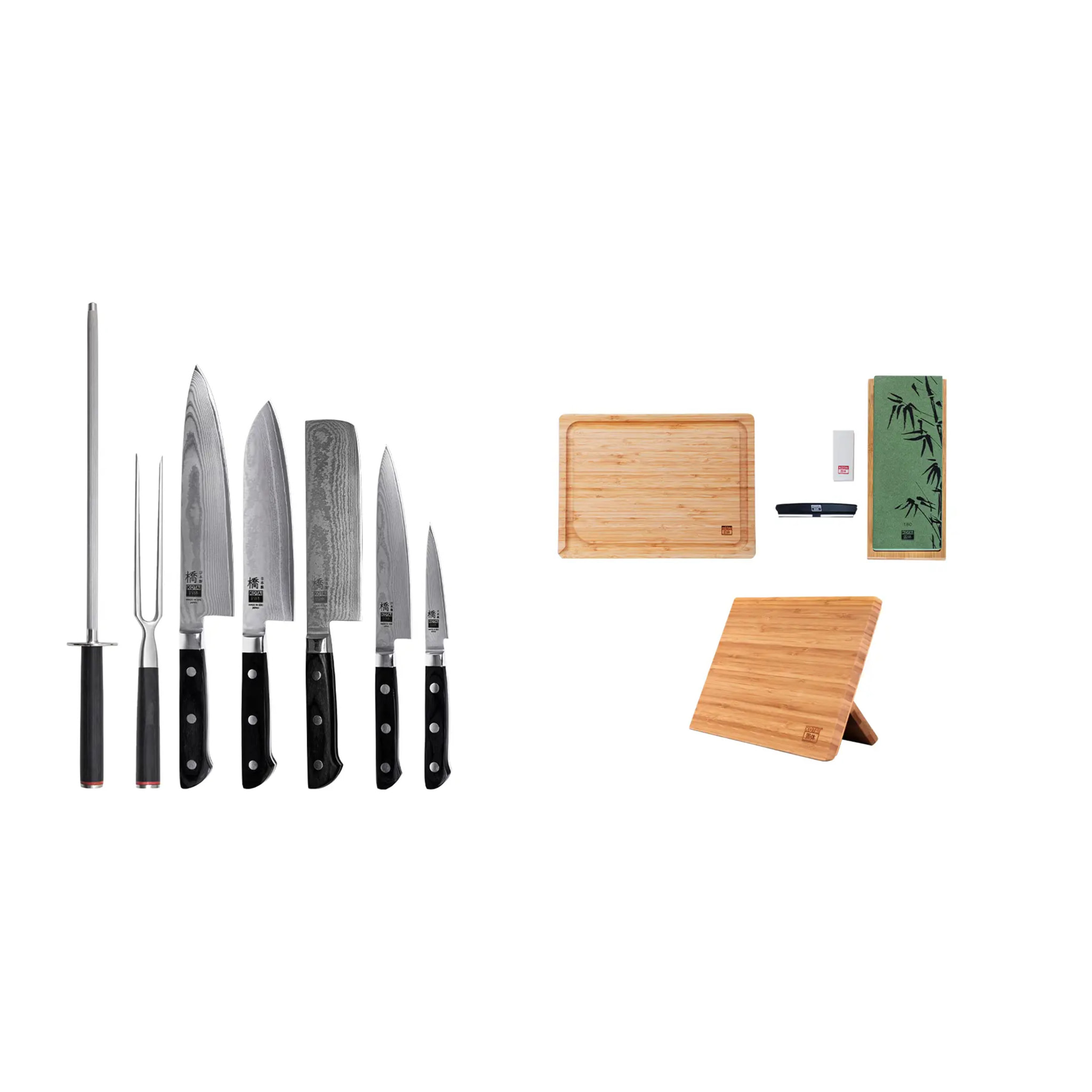 Le Set Deluxe Complet Hashi Damas 10 p : 5 couteaux + porte-couteau magnétique + planche à découper + set d'aiguisage grain 180/800 + acier à aiguiser + fourchette à découper