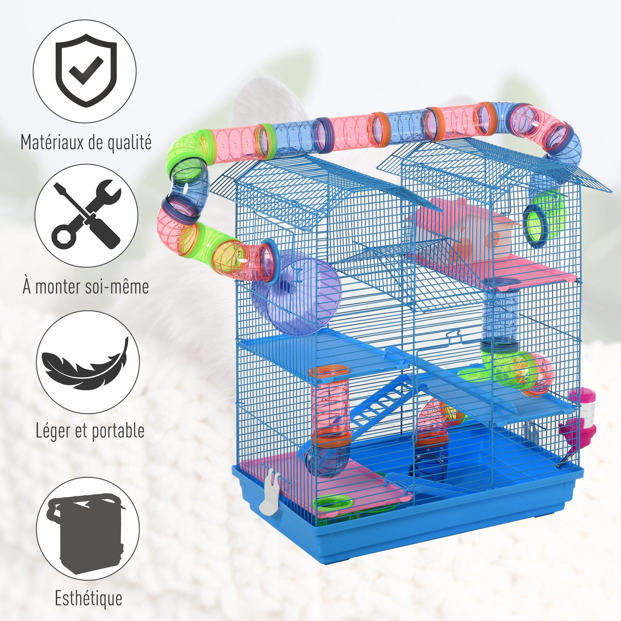 PawHut Cage pour hamster souris rongeur 4 étages avec tunnels abreuvoir  mangeoire roue maison échelles dim. 79L x 46l x 60H cm