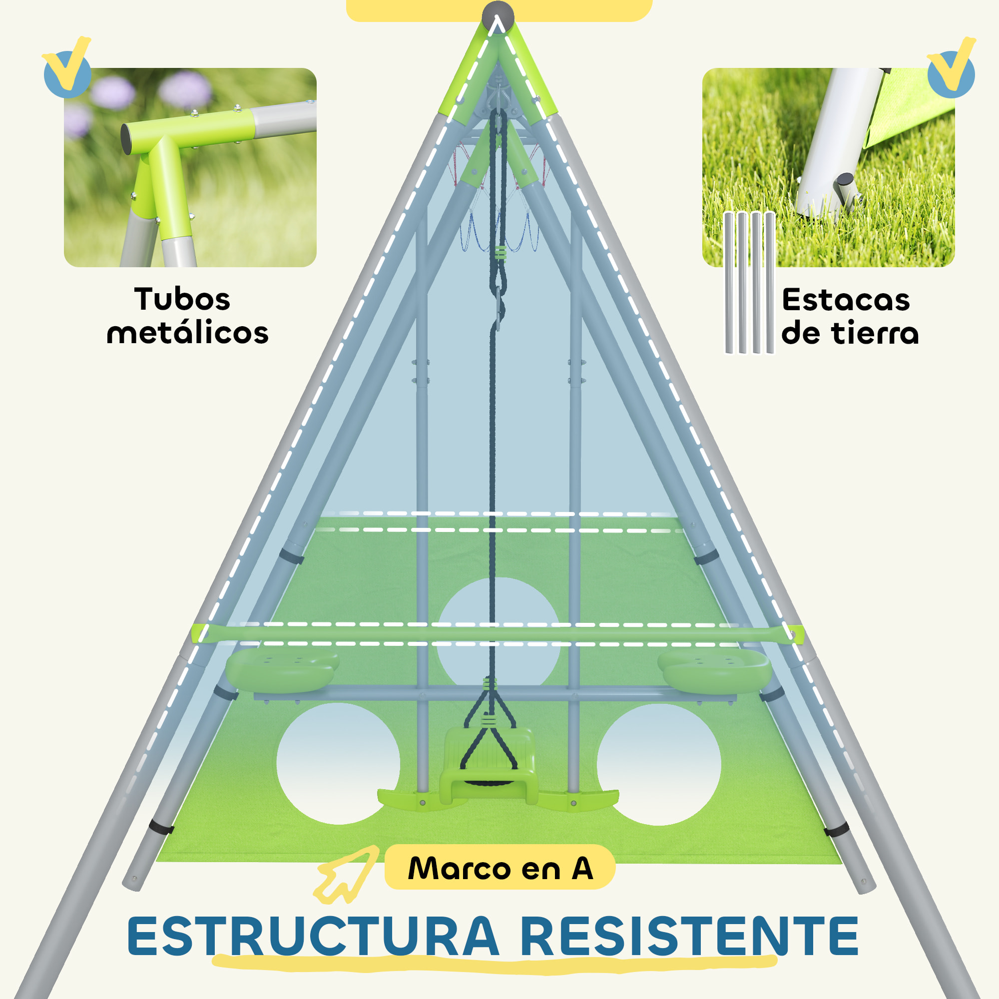 Columpios para Niños de +3 Años 4 en 1 Columpios Jardín Exterior con Columpio Planeador Portería de Puntería y Aro de Baloncesto Verde