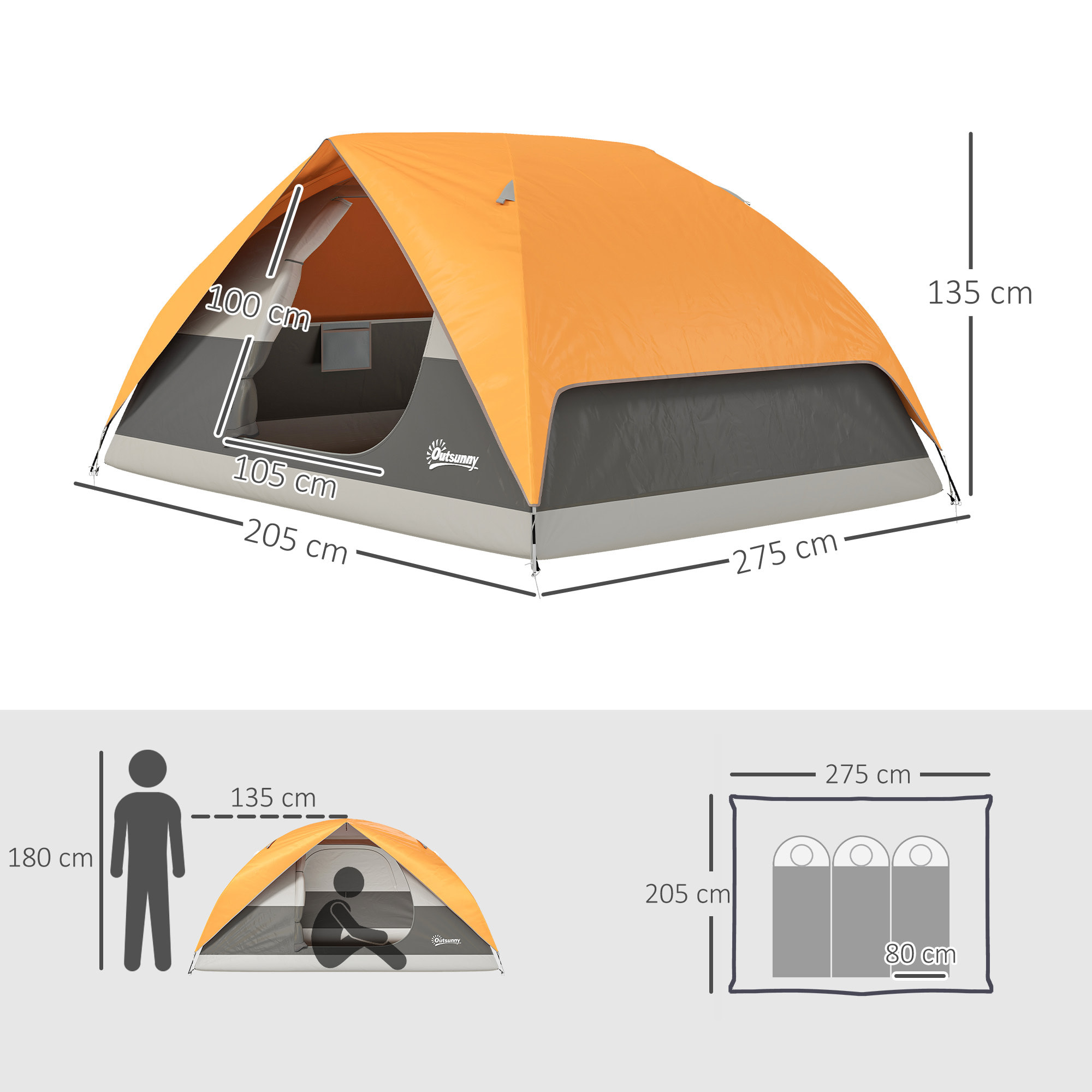 Tienda de Campaña para 2-4 Personas Tienda de Camping Plegable con Puerta Ventana de Malla Bolsillos Gancho y Bolsa de Transporte Impermeable Fácil Instalación para Senderismo Naranja y Gris