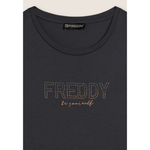 T-shirt donna con mini spacchi laterali e logo in strass