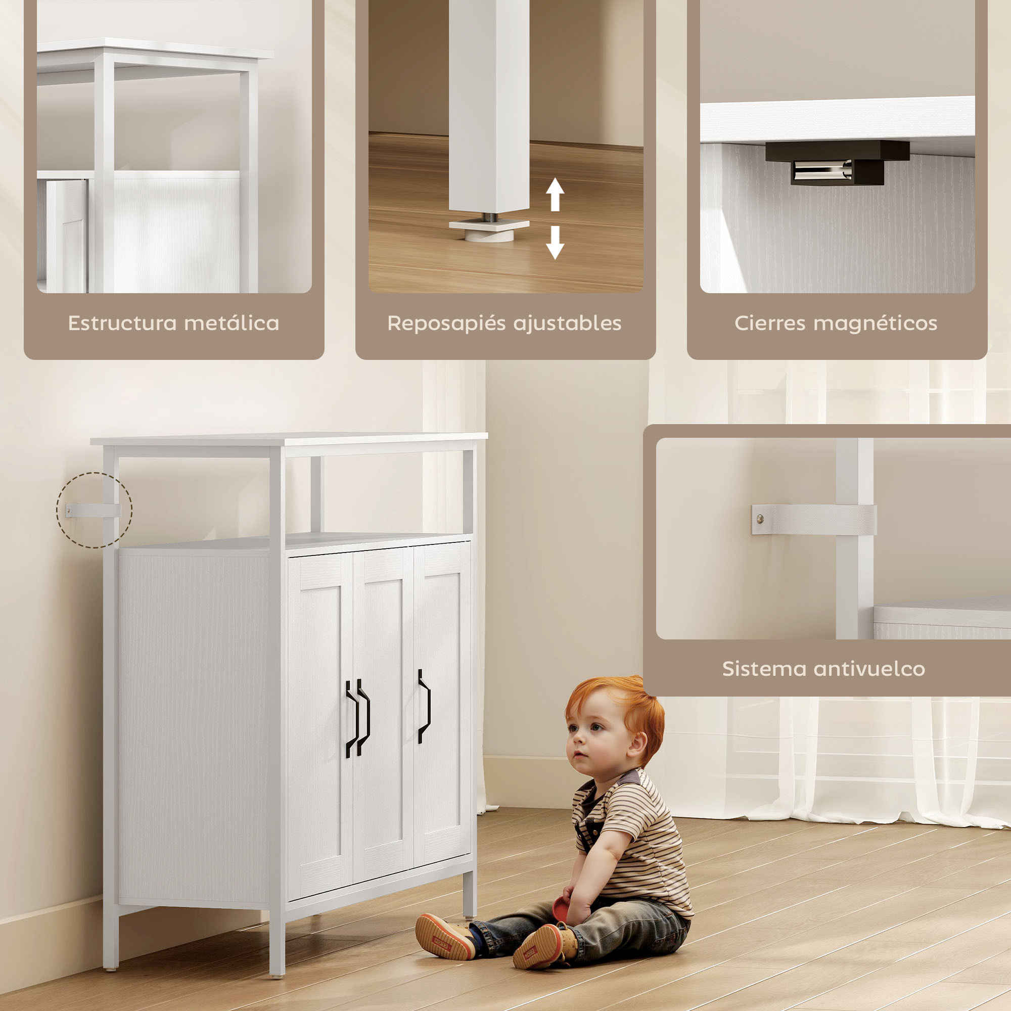 Aparador 3 Puertas, Aparador para Salón Industrial, con Compartimento Abierto, Estantes Ajustables, para Comedor, Entrada, Dormitorio, Blanco, 100x35x88 cm