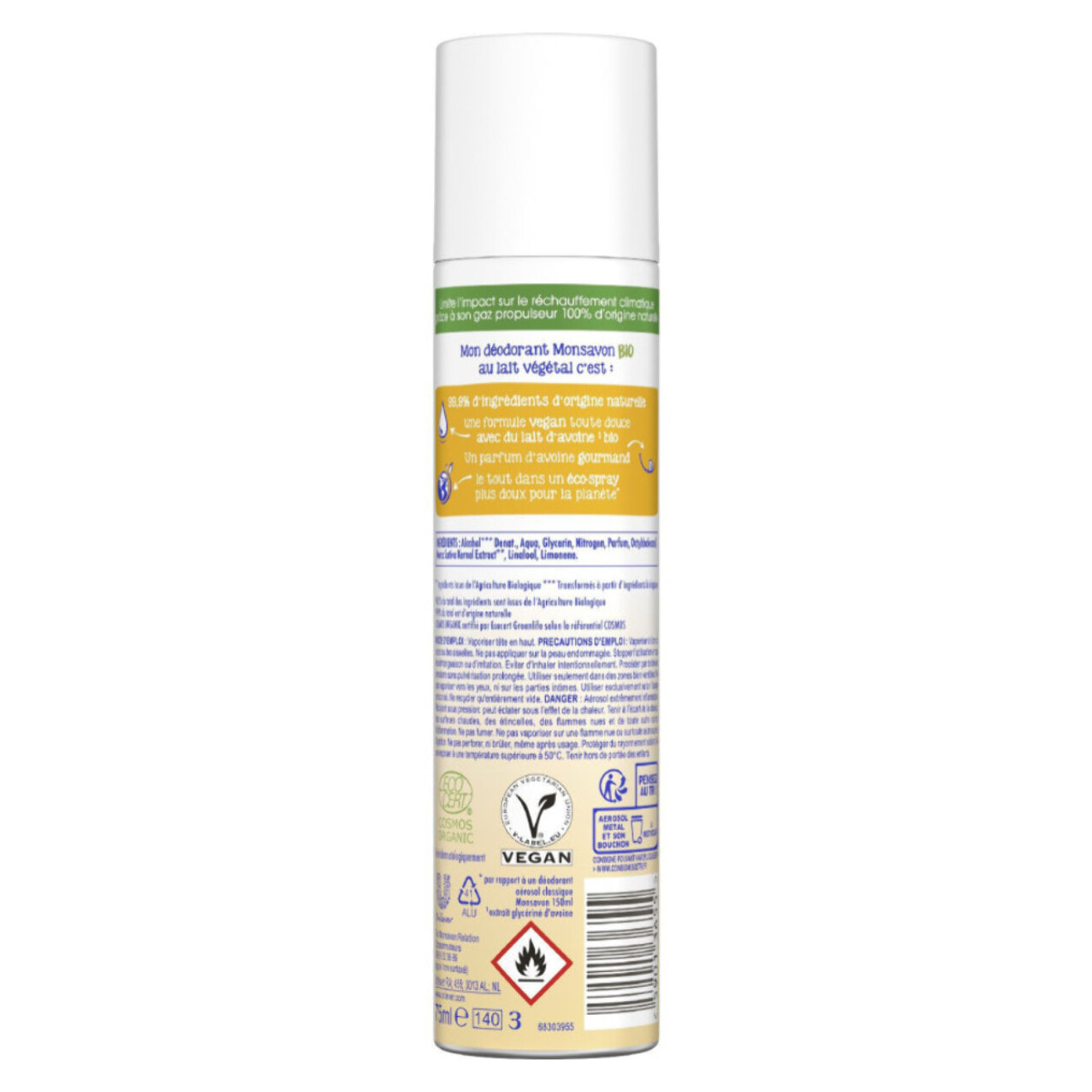 Pack de 3 - Monsavon Déodorant Spray Bio Lait Avoine 75ml