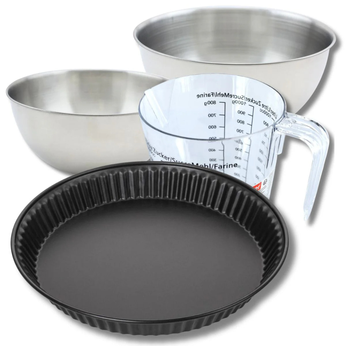 Set pâtisserie avec moule à quiche lorraine antiadhésif, 2 bols à mixer, verre mesureur et spatule Zenker