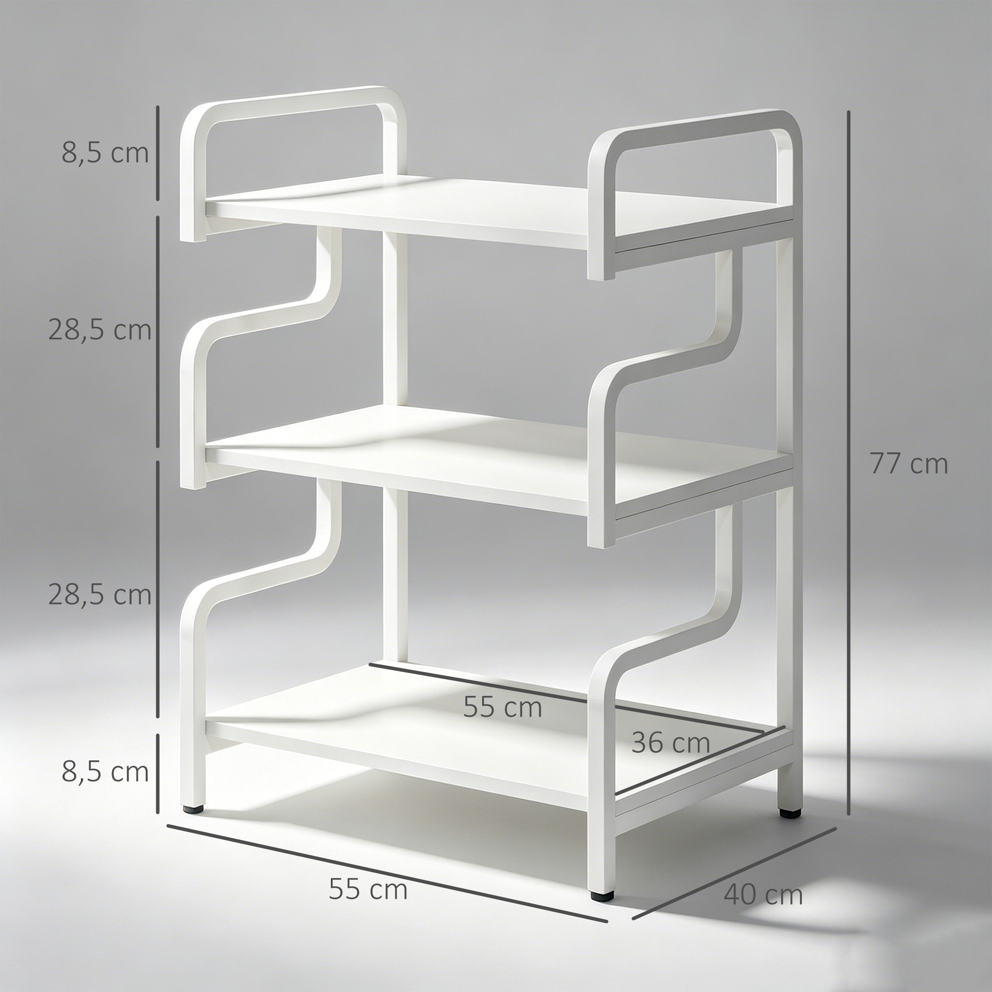 HOMCOM Soporte para Impresora de 3 Niveles, Mueble para Impresora con Marco de Acero, Estantería de Almacenamiento Multiusos para Escáner y Fax en Oficina, Casa, 55x40x77 cm, Blanco