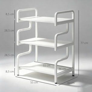 HOMCOM Soporte para Impresora de 3 Niveles, Mueble para Impresora con Marco de Acero, Estantería de Almacenamiento Multiusos para Escáner y Fax en Oficina, Casa, 55x40x77 cm, Blanco