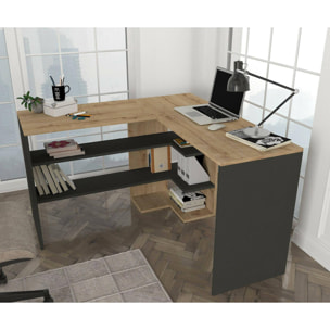 Scrivania Dkon, Scrittoio multiuso, Tavolo per ufficio porta PC, Piano di lavoro, 120x120h74 cm, Quercia e Antracite