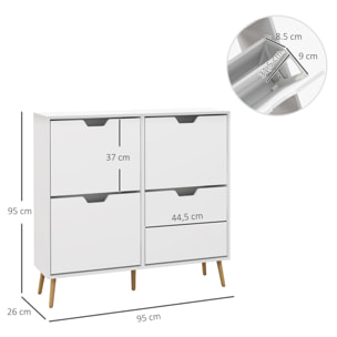 Zapatero Estrecho con 4 Cajones Abatibles, Zapatero Entrada Recibidor con Patas de Madera y Estantes Ajustables, para 16 Pares de Zapatos, para Pasillo, 95x26x95 cm, Blanco