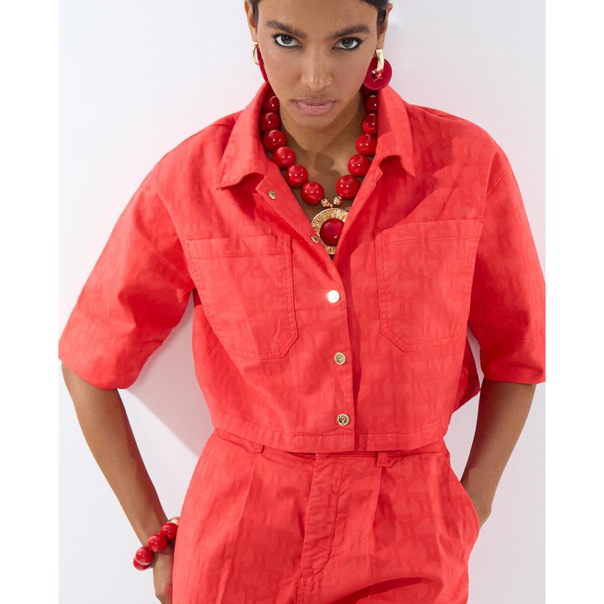 Camicia a maniche corte in twill con logo Jacquard LC