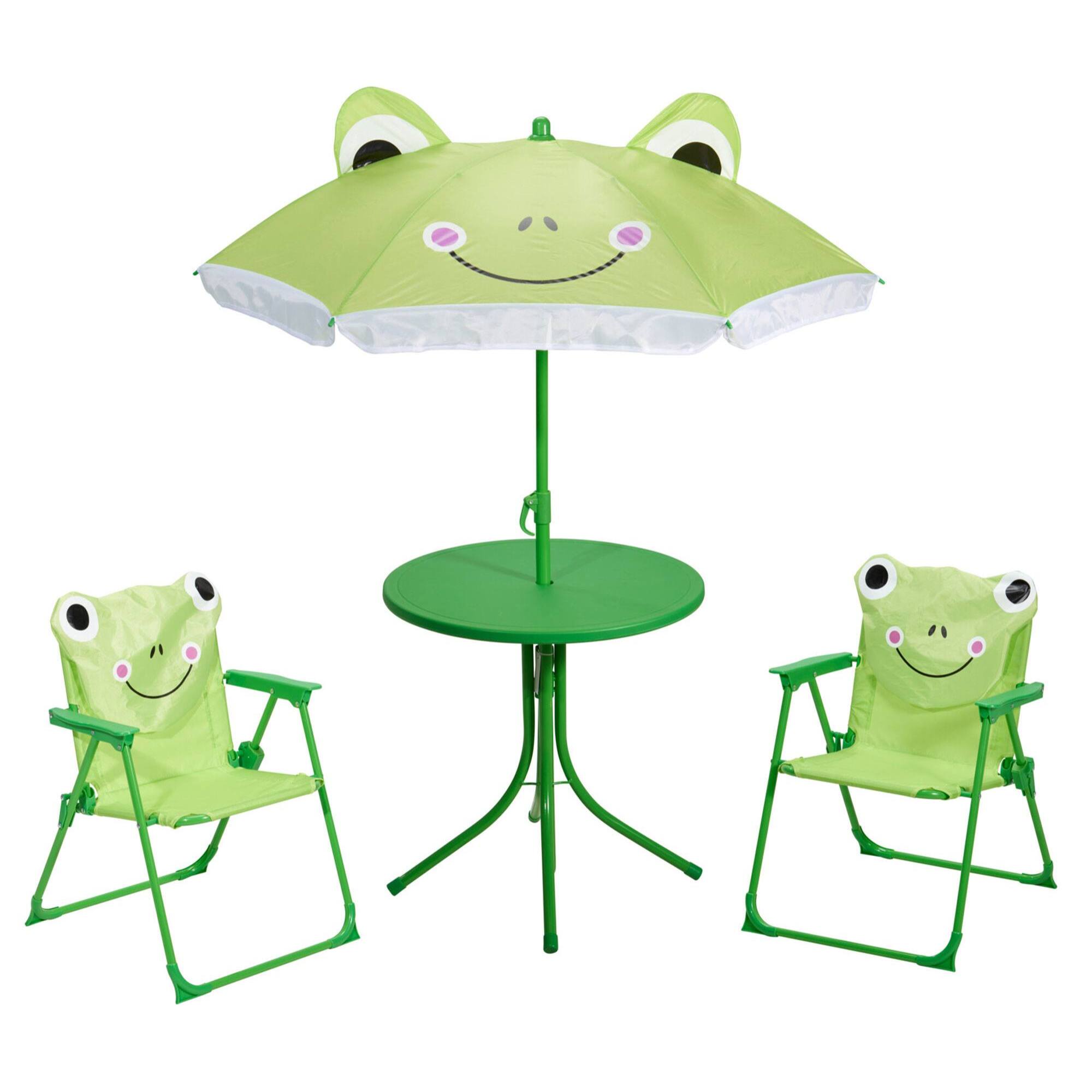 Well Home Conjunto jardín niños 4 piezas (mesa + 2 sillas + paraguas) diseño Rana, plegable y ligero
