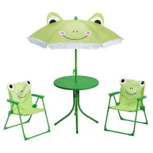 Well Home Conjunto jardín niños 4 piezas (mesa + 2 sillas + paraguas) diseño Rana, plegable y ligero
