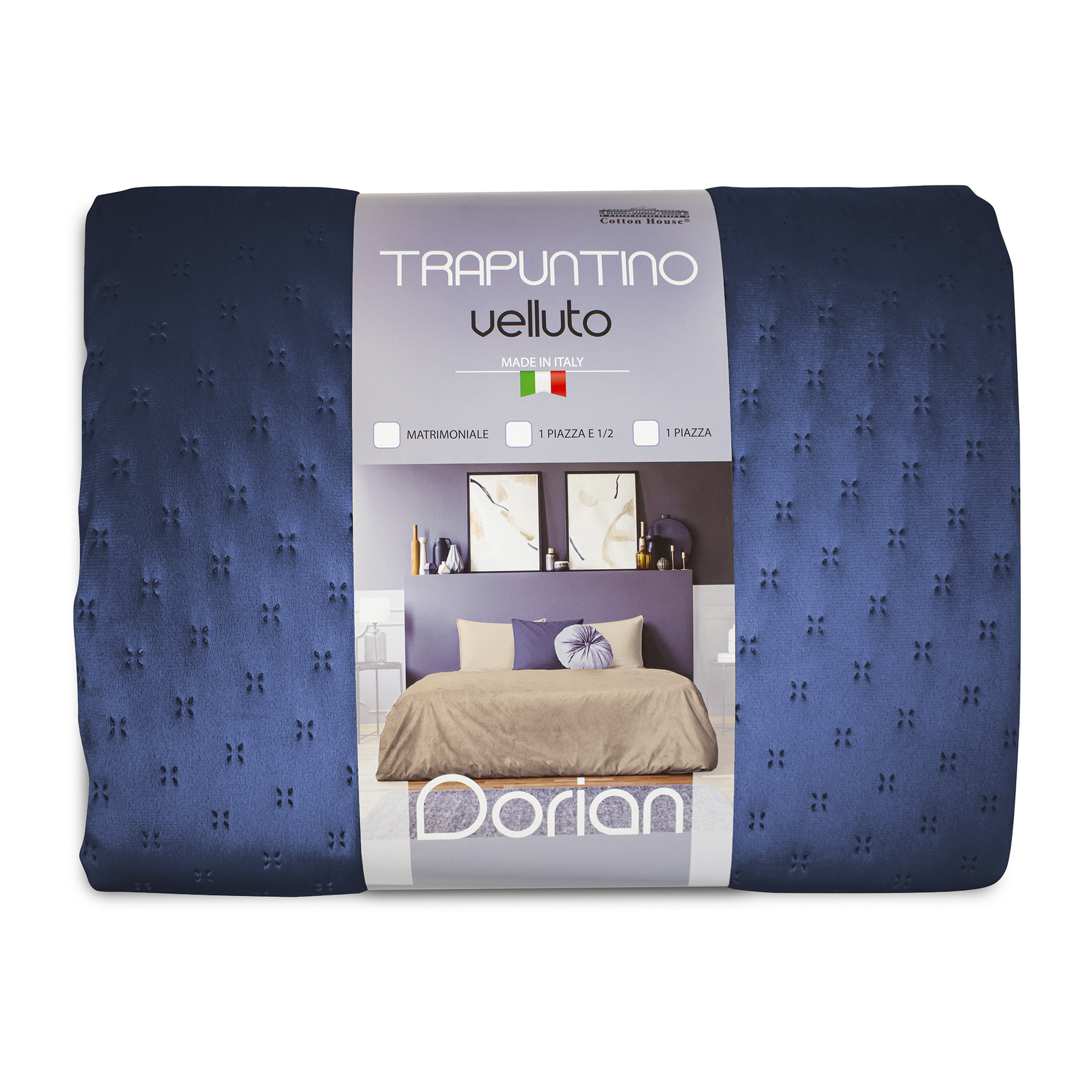 TRAPUNTINO MATRIMONIALE MEZZA STAGIONE EFFETTO VELLUTO DIS.DORIAN BLU NAVY MADE IN ITALY