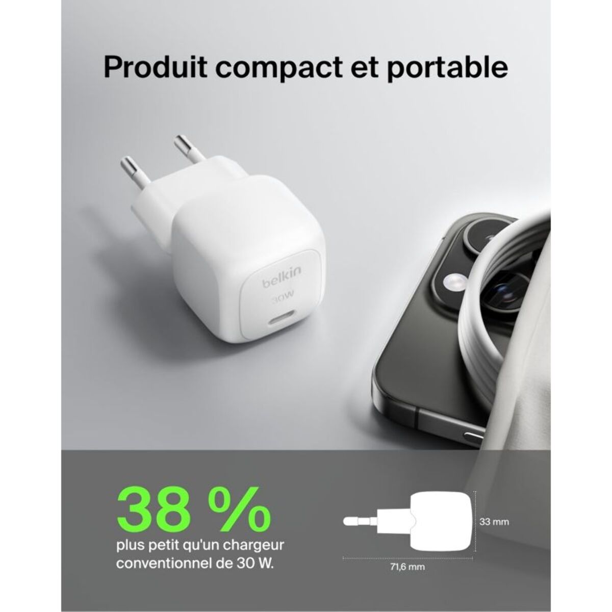 Chargeur BELKIN 30W USB charge rapide PPS Blanc