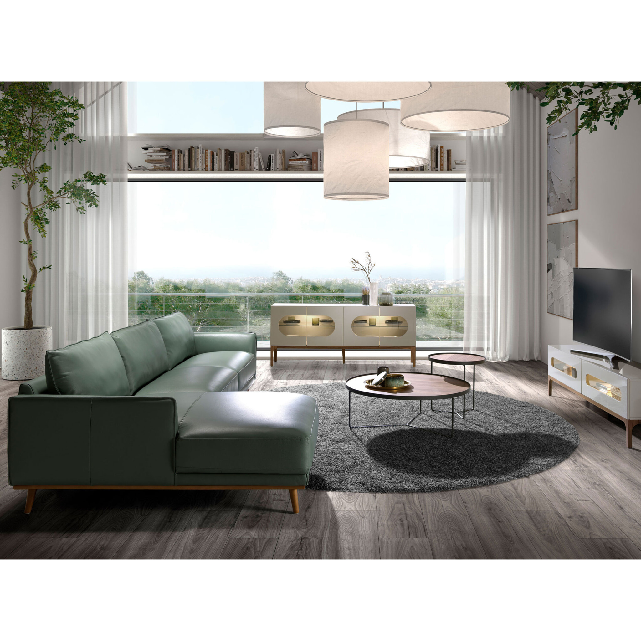 Sofá chaise longue izquierda de 5 plazas tapizado en piel de origen vacuno en verde patas de madera en miel 295x160x90cm