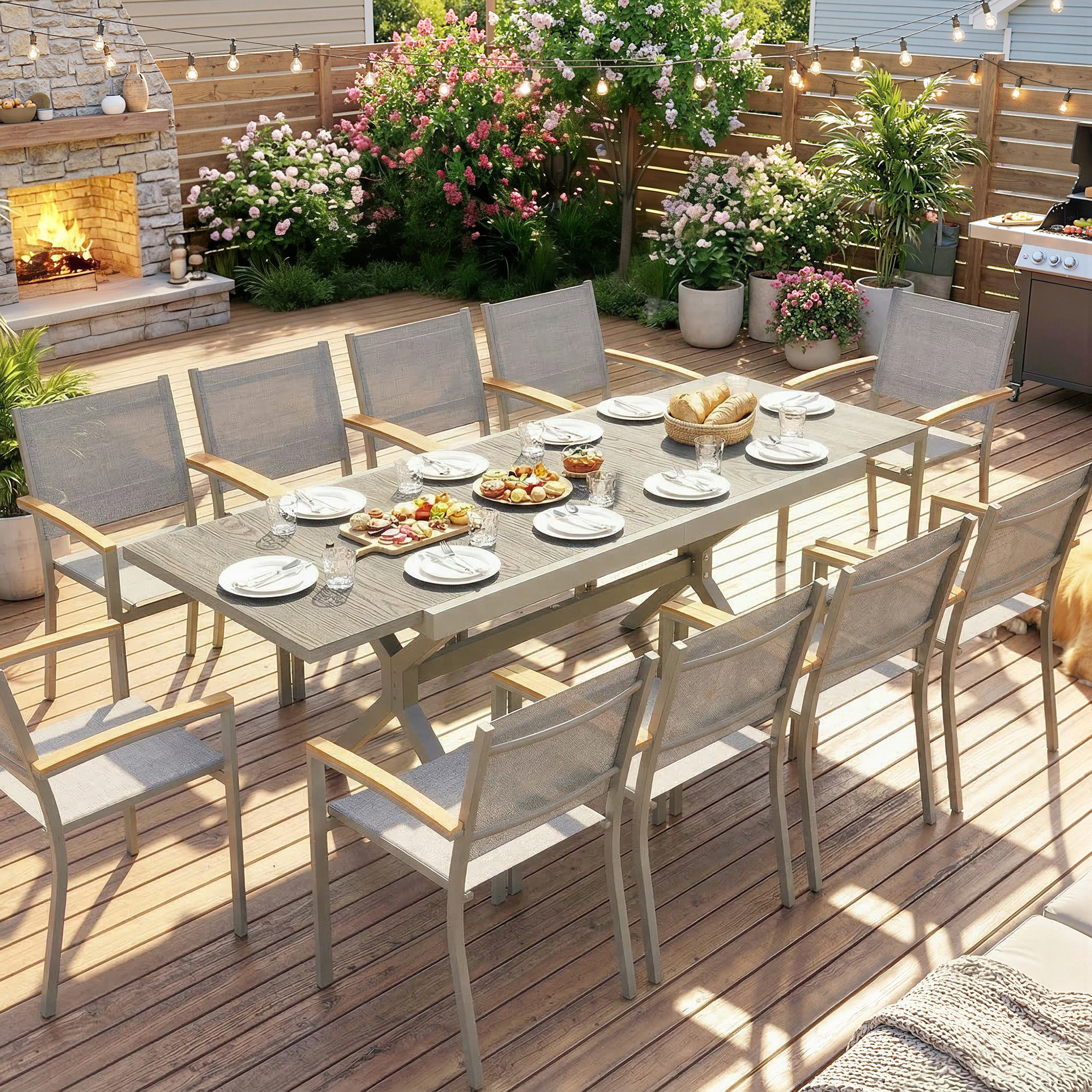 Mesa de Jardín Extensible con Superficie de Aluminio, 154/214x85 cm, Mesa de Comedor Exterior Extensible Rectangular con Imitación Madera para 8-10 Personas, para Patio, Terraza, Gris Claro