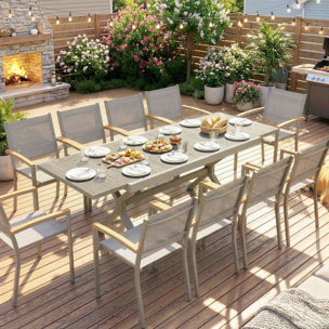 Mesa de Jardín Extensible con Superficie de Aluminio, 154/214x85 cm, Mesa de Comedor Exterior Extensible Rectangular con Imitación Madera para 8-10 Personas, para Patio, Terraza, Gris Claro