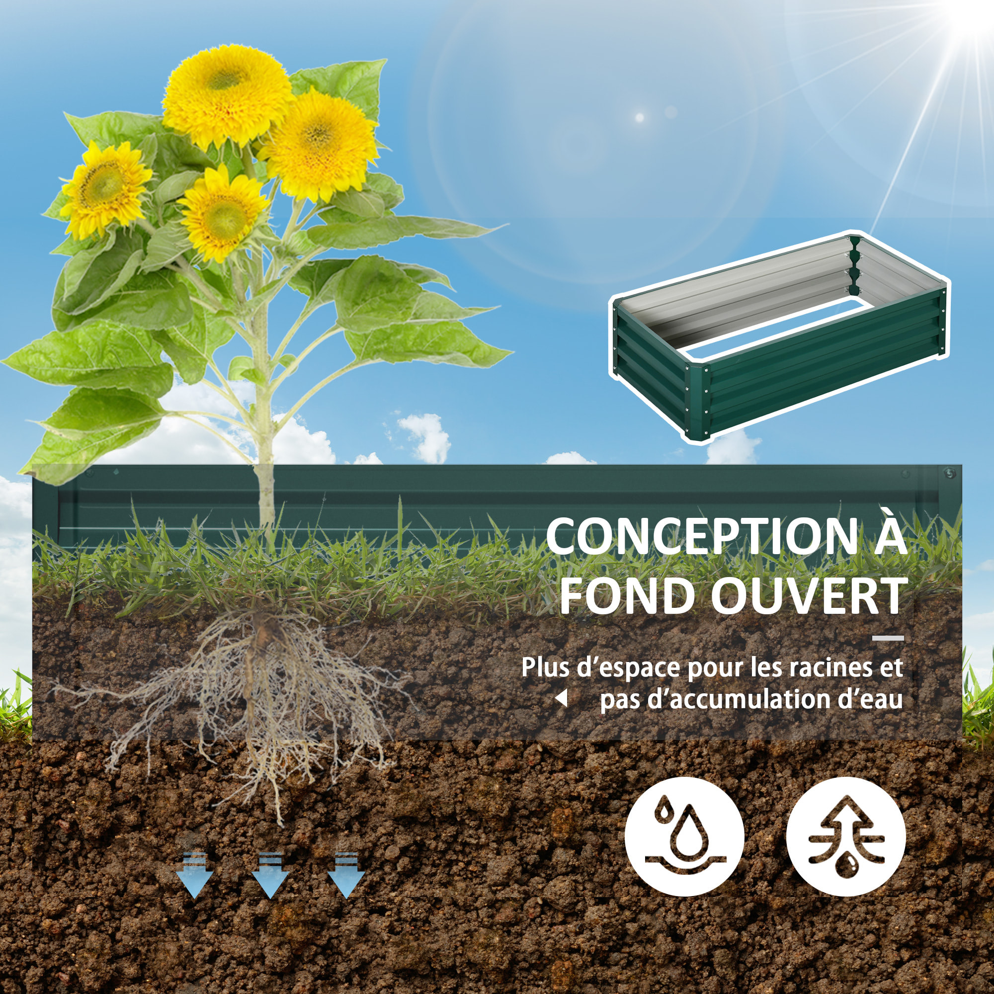 Carré potager de jardin dim. 120L x 60l x 30H cm tôle d'acier ondulée vert