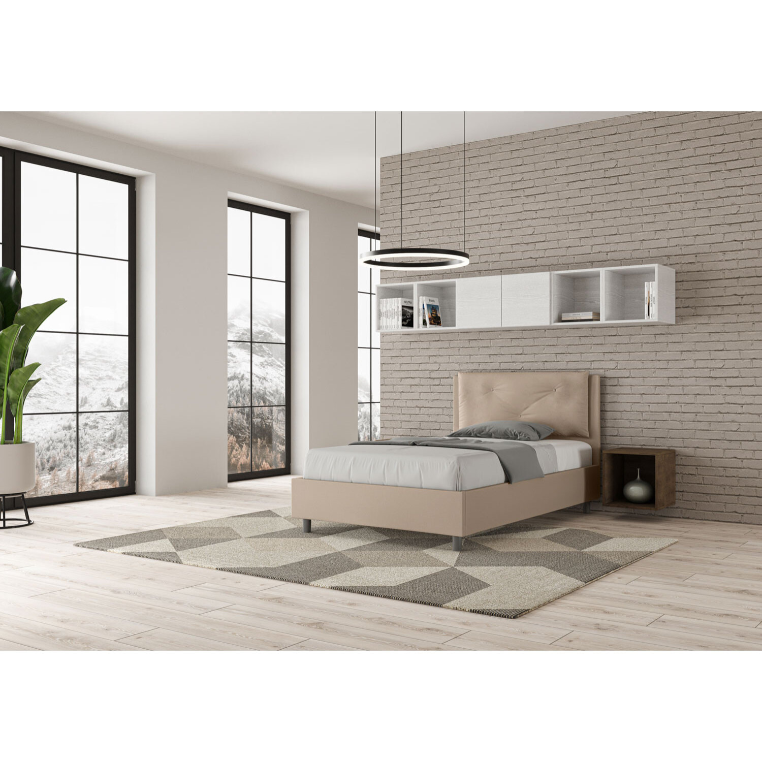 Letto una piazza e mezza contenitore imbottito 120x190 similpelle tortora Appia Large