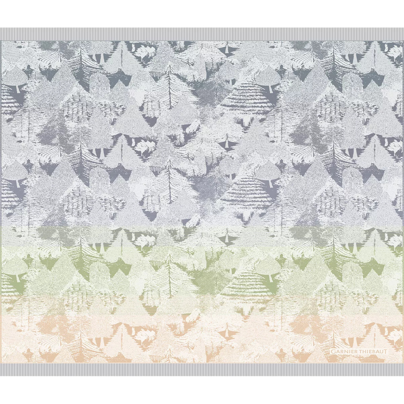 Jete de canape pur coton 420 g/m² motif jacquard vert ecru Foret de neige sapin