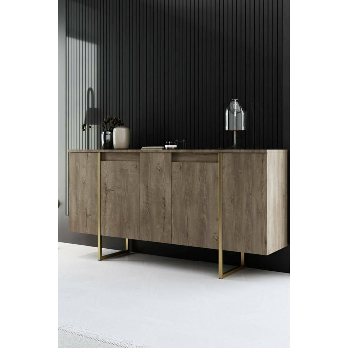 Credenza Dgarzitt, Buffet da soggiorno, Madia da salotto, Dispensa da cucina, 160x35h80 cm, Noce e Oro