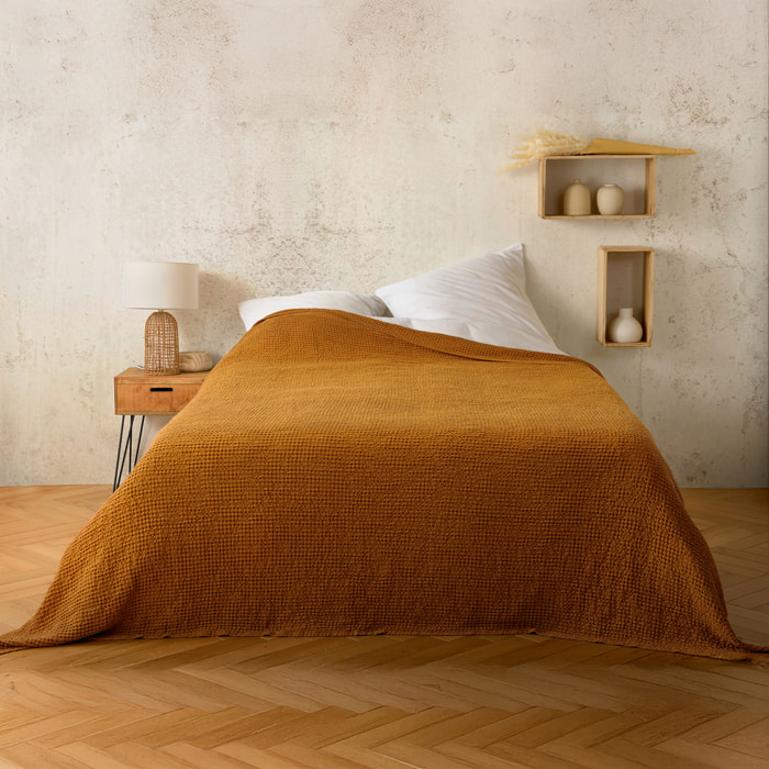 Plaid ou couvre lit 100%  coton nid d’abeille - Jaune Ocre