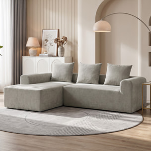 Canapé d'angle design arrondi 3 places larges accoudoirs 3 coussins tissu chenille gris clair
