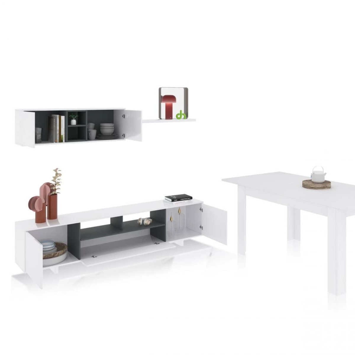 Pack salón con mesa de comedor Kenzo Plus VB Blanco Brillo - Gris Antracita