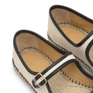 Alpargata plana Padua mary-jane en algodón orgánico con ribete de cuero y hebilla