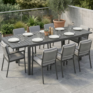Mesa de Jardín Extensible 150/225x85x75 cm, Mesa de Comedor Exterior Extensible Rectangular de Aluminio, con Tablero de Listones para 6-8 Personas, para Patio, Terraza, Gris Oscuro