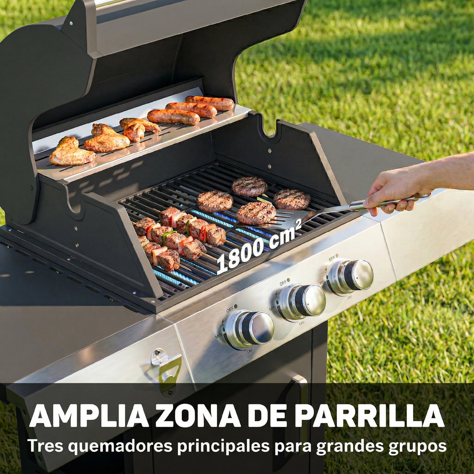 Barbacoa de Gas BBQ Gas con 3 Quemadores 8,1 kW Barbacoa Portátil con Termómetro Mesas Laterales Armario Rejilla Calentadora Parrillas de Hierro Fundido Recogedor Grasa y 4 Ruedas Negro