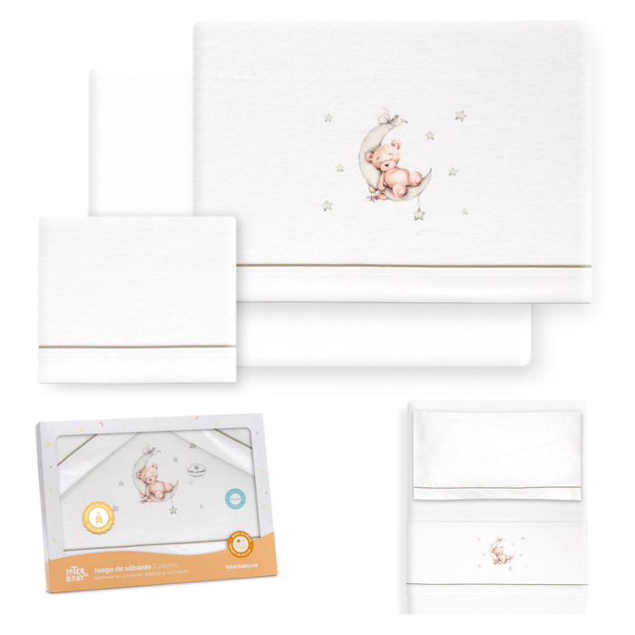 Triptico Minicuna Franela Estampado Oso Luna Estrellas Bco/Verde