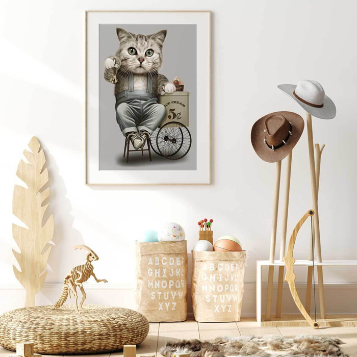 Affiche enfant vendeur de crême glacé  Affiche + cadre en bois - Chêne