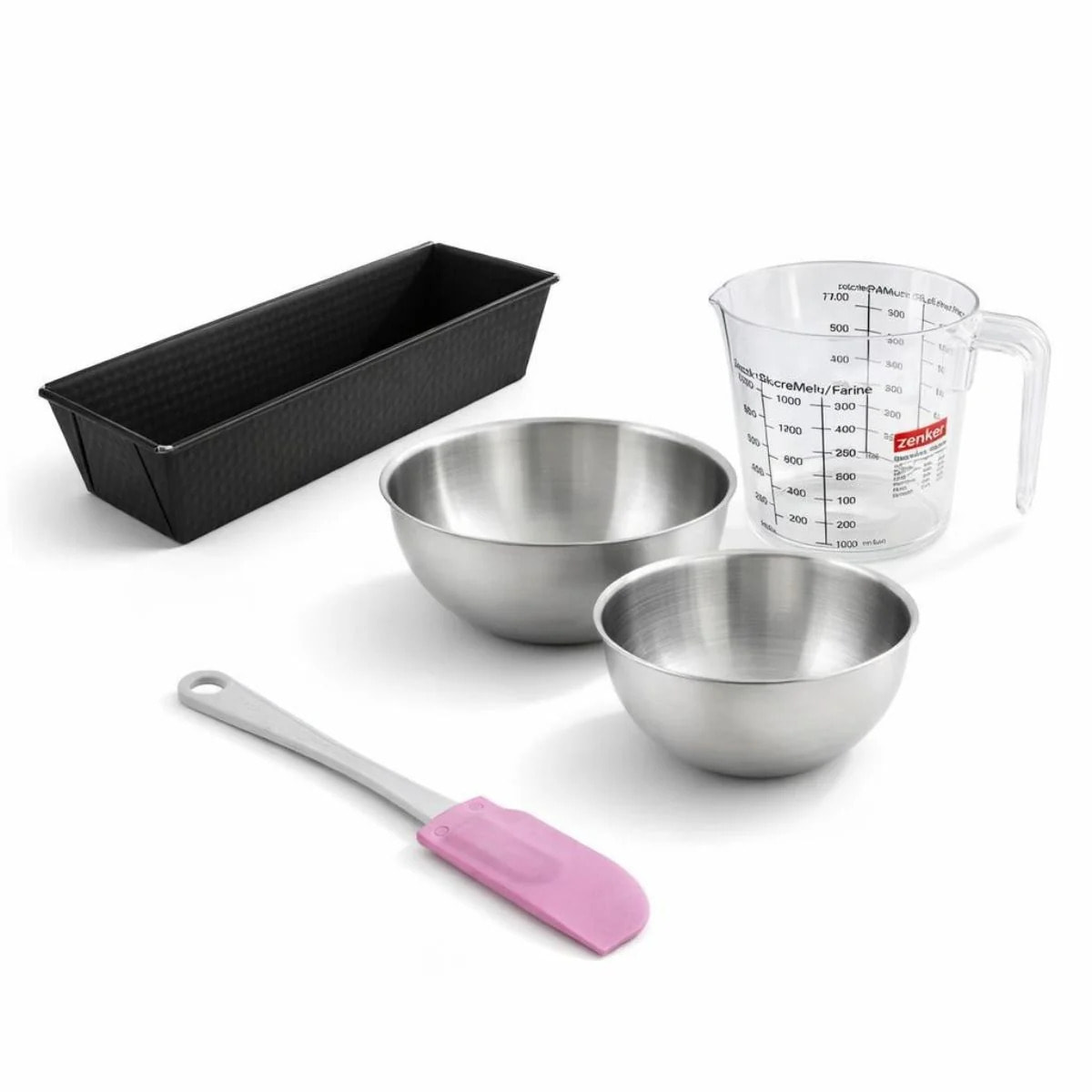Set pâtisserie avec moule à cake, 2 bols à mixer, verre mesureur et spatule Zenker