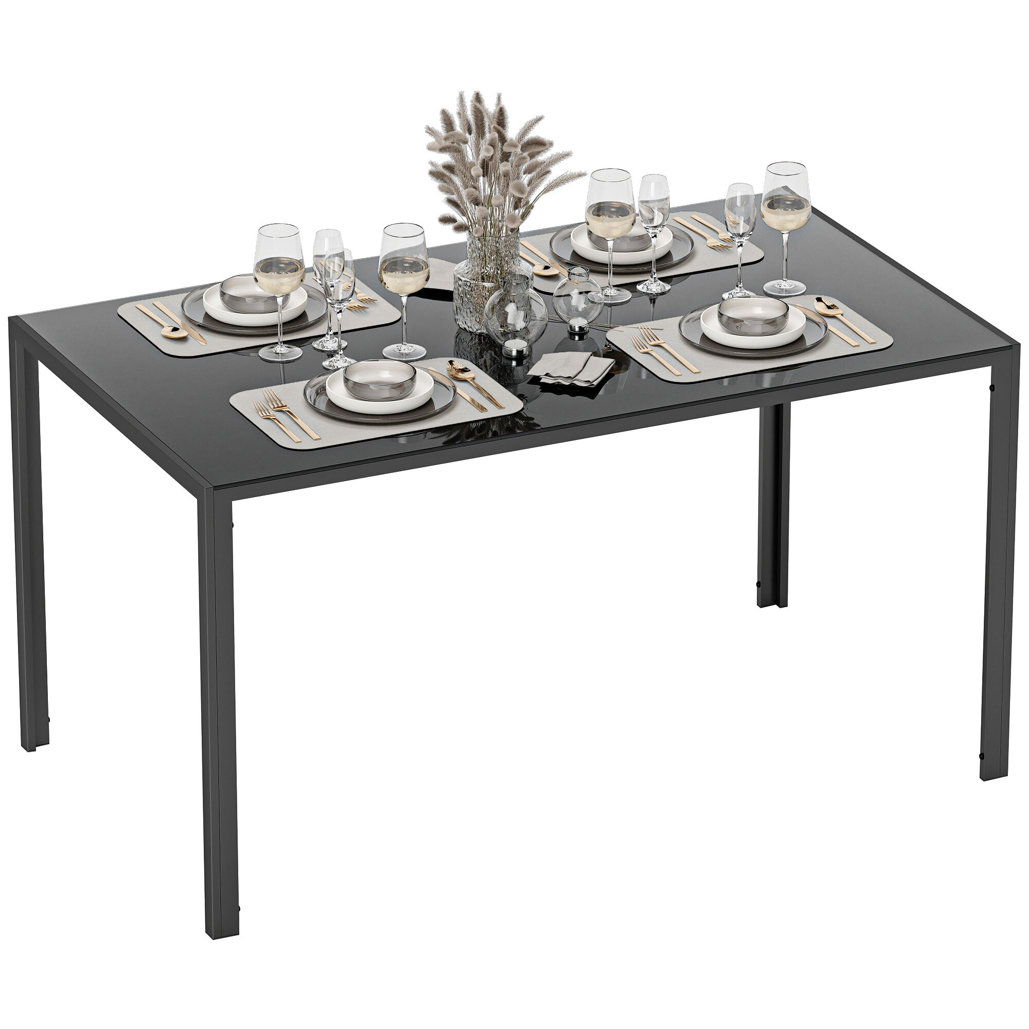 Mesa de Comedor de Cristal, Mesa Rectangular para 6 Personas con Patas de Metal, para Cocina, Salón, 140x80x75 cm, Negro