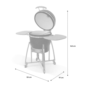 Barbecue charbon de bois, grill et fumoir, céramique Ø57cm avec roues, tablettes et housse KAMADO
