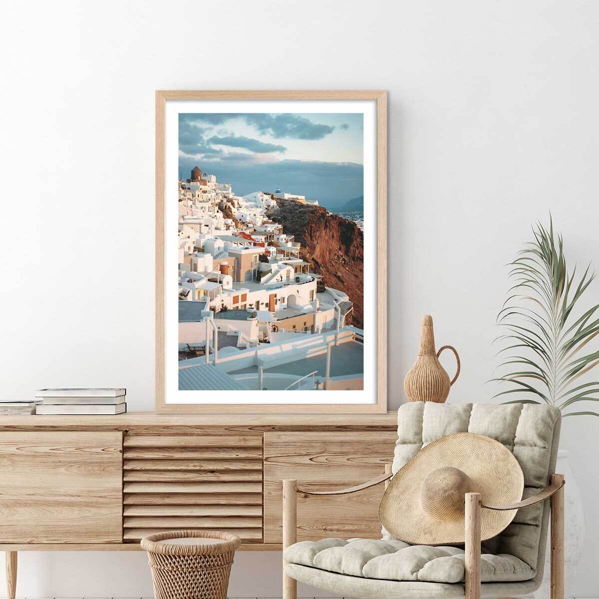 Poster photo paysage les cyclades ""santorini"" Affiche + cadre en bois - Chêne