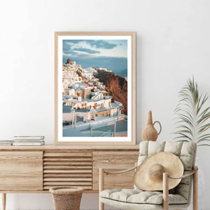 Poster photo paysage les cyclades ""santorini"" Affiche + cadre en bois - Chêne