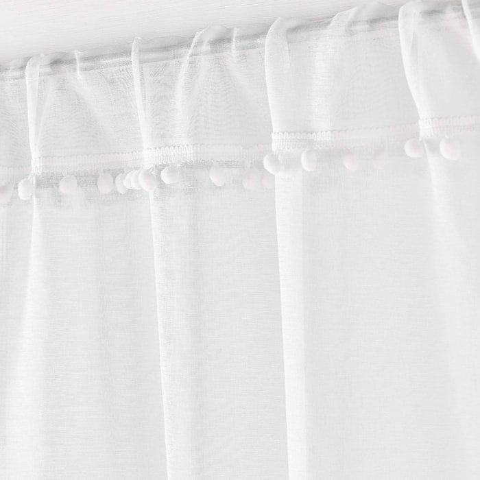 Paire de voilages passe-tringle en voile sablé avec finitions pompons - Blanc